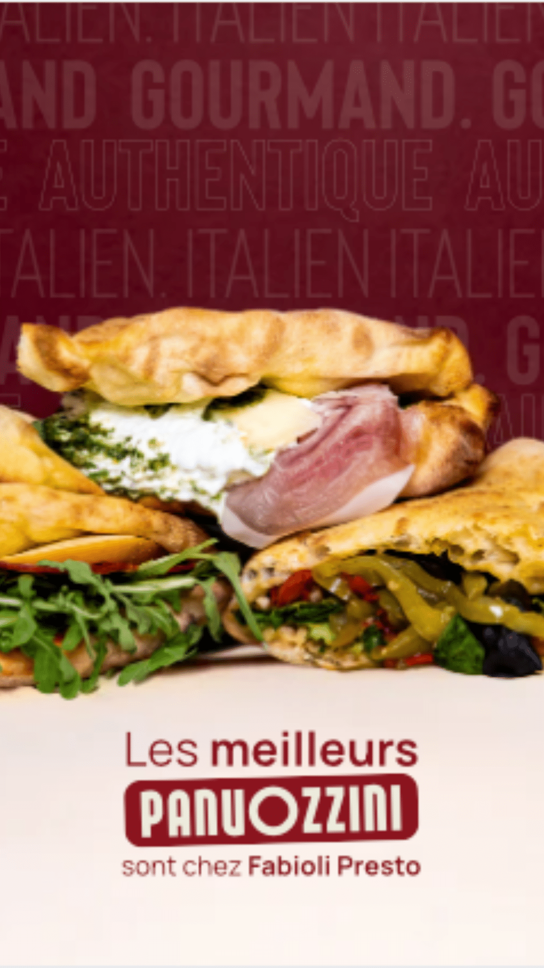Trois panuozzini garnis sur fond bordeaux, les meilleurs panuozzini sont chez Fabioli Presto